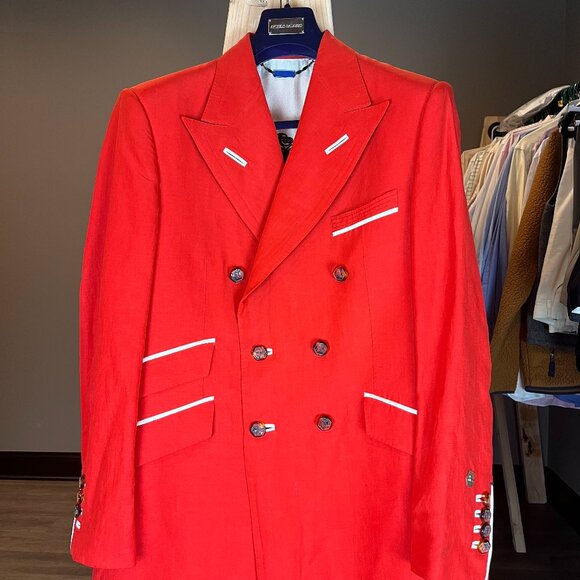 Deluxe Angelo Galasso Couture Italy Silk Linen Blend XL Red White Jacket - Picture 1 of 11